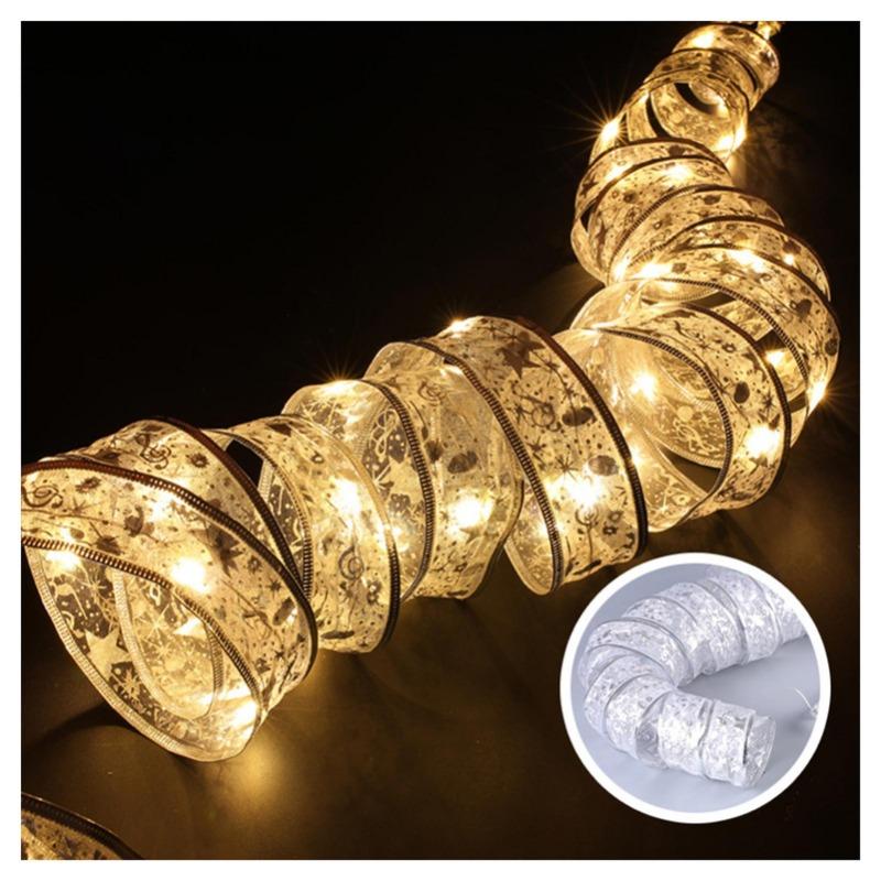 1/3/5M Christmas Tree Decoration Ribbon Lights DIY Bronzing Lace Ribbon String Lights For New Year Xmas Party Home Decolation