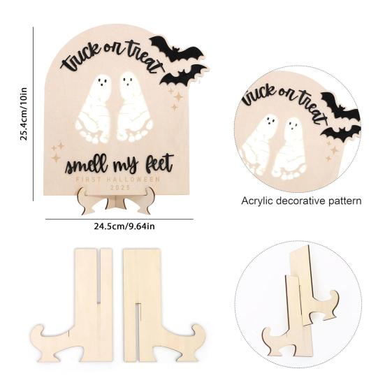 1/2Pcs Baby First Halloween Footprint Sign with Base Spooky Bat Trick or Treat Smell My Feet Footprint Milestone Keepsake Wooden Decoration