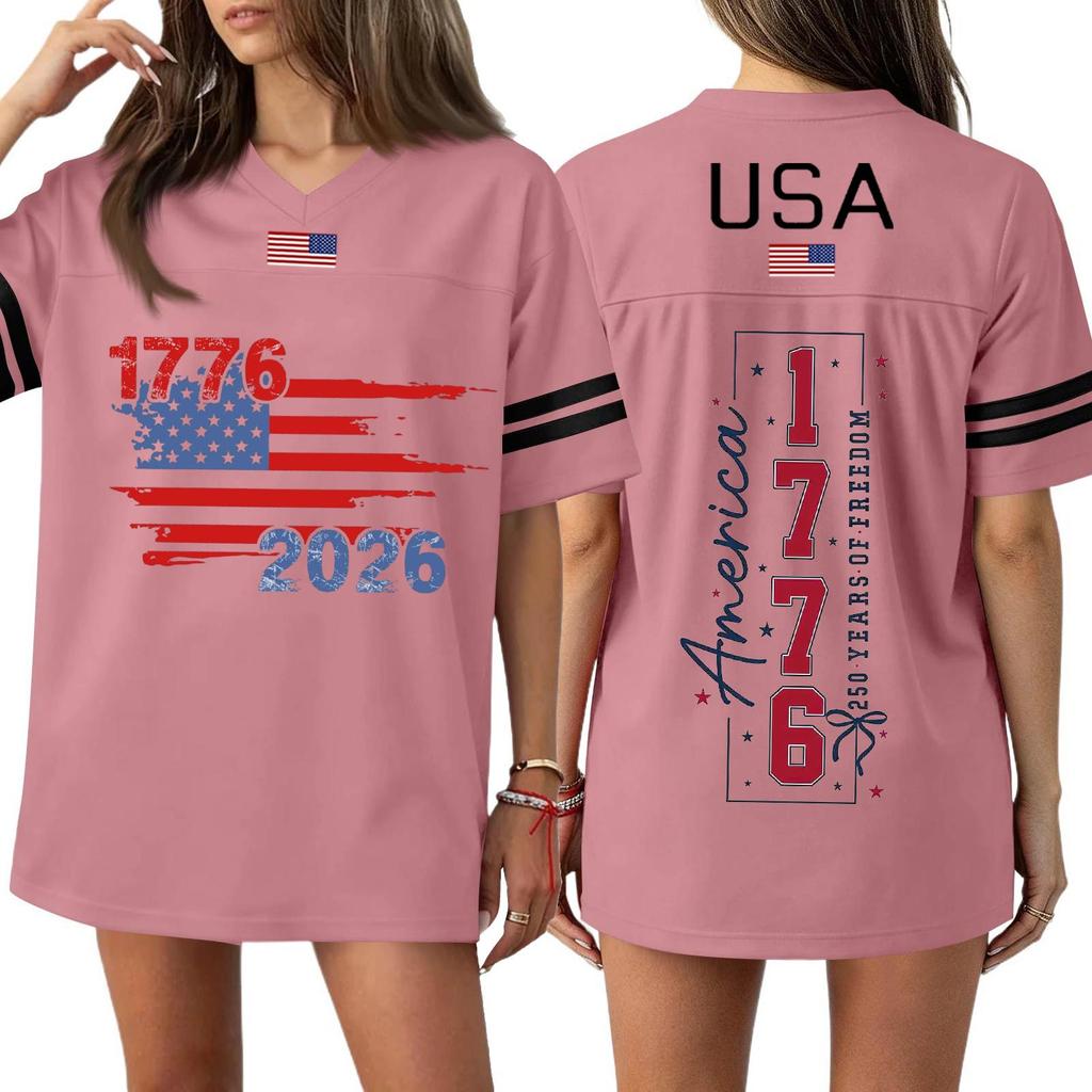 Damen Casual Mode V-Ausschnitt Sport Unabhängigkeitstag Druck Kurzarm Sport T-Shirt Top