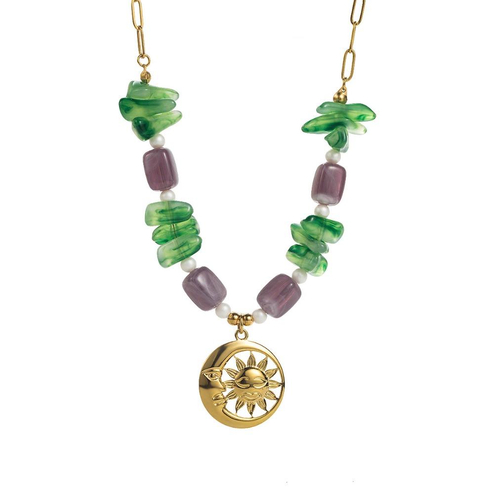 Bead Flower Pendant Necklace Personality Colorful Resin Necklace Retro Floral Chain Choker  Women Style2
