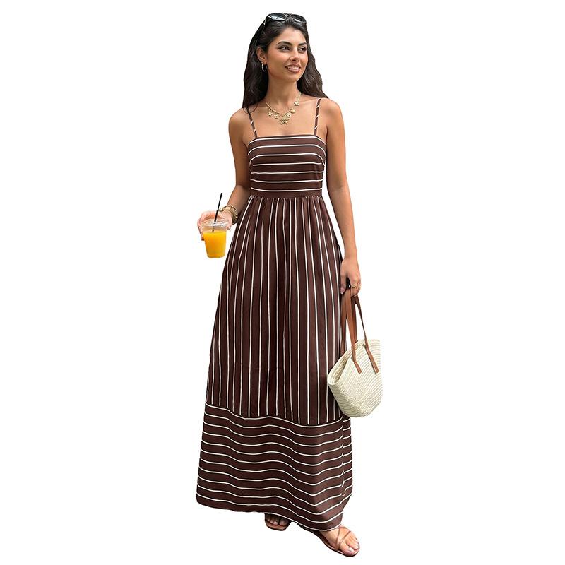 Women Striped Print Spaghetti Strap Maxi Dress Casual Summer Sleeveless Backless Vacation Dresses