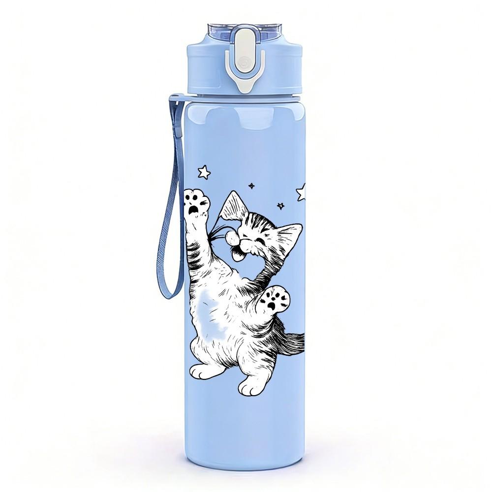 1PC Dancing Kitten Sketch Print 750ml Color Plastic Sports Water Bottle Leakproof Flip Straw Lid Suitable for Sports Office Home Use
