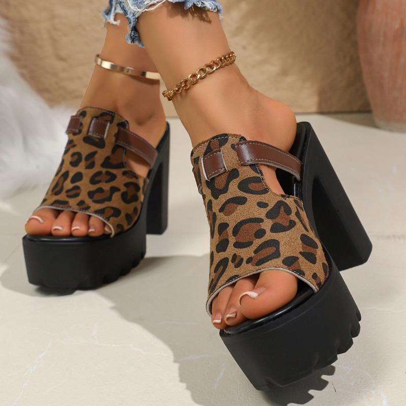 Leopard Print Platform Flip-flops Summer New Round Toe Open Toe Non-slip Women's High Heels