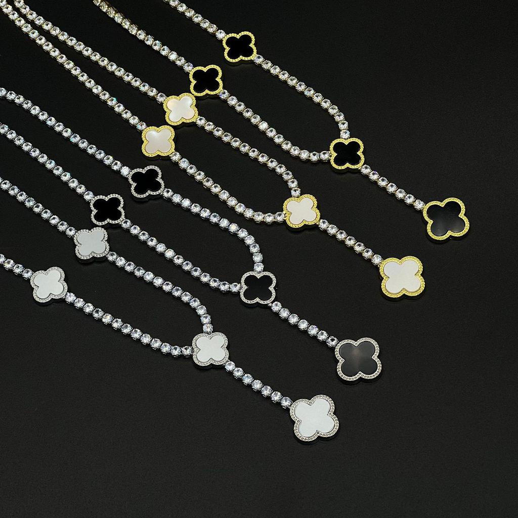 Czterolistna Koniczyna Diamentowe Kolczyki Łańcuszkowe i Naszyjnik – Modny Europejski i Amerykański Luksus