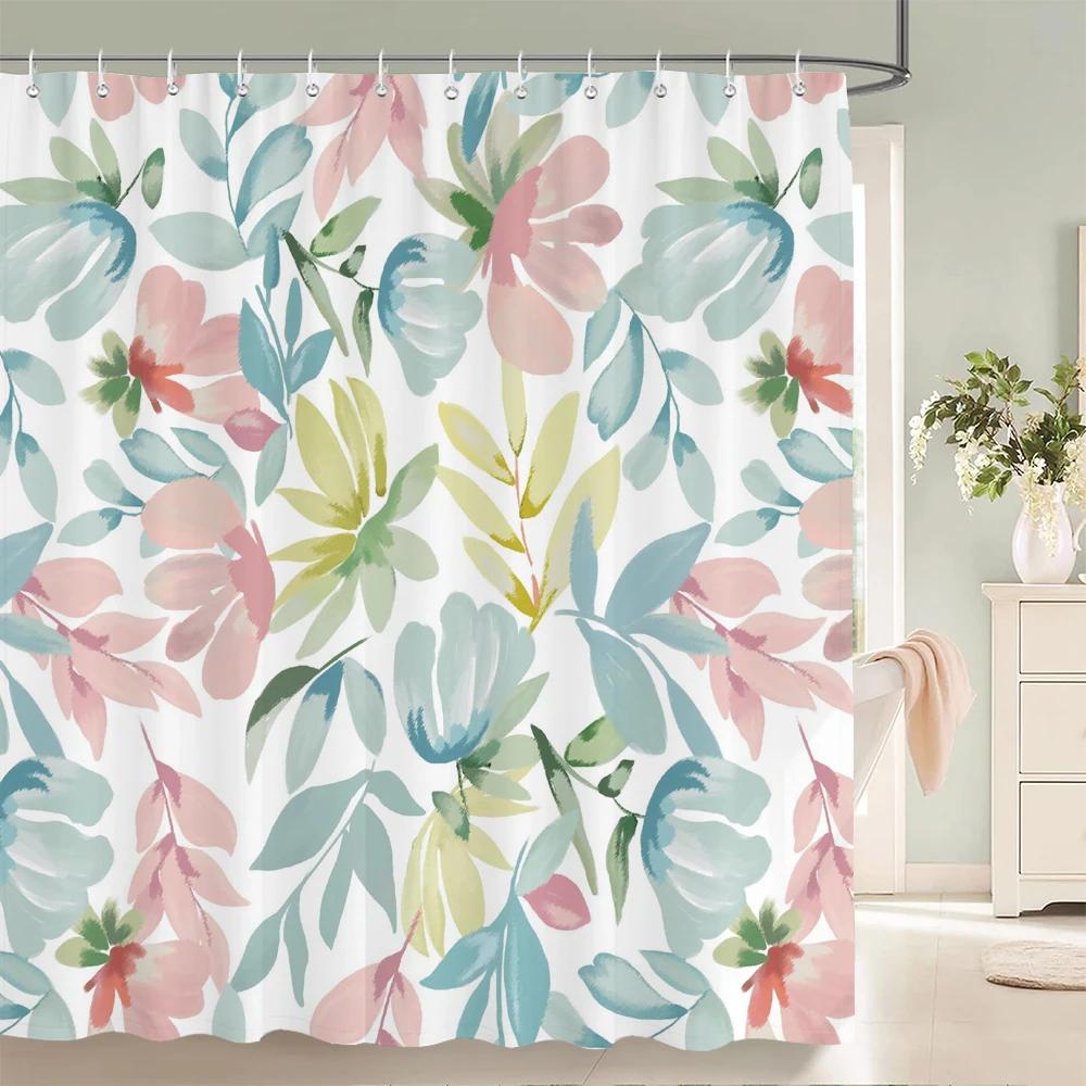 Watercolor Flowers Floral Shower Curtains Pastoral Spring Greenery Plants Home Decor for Bathroom Polyester Fabric Bath Curtain
