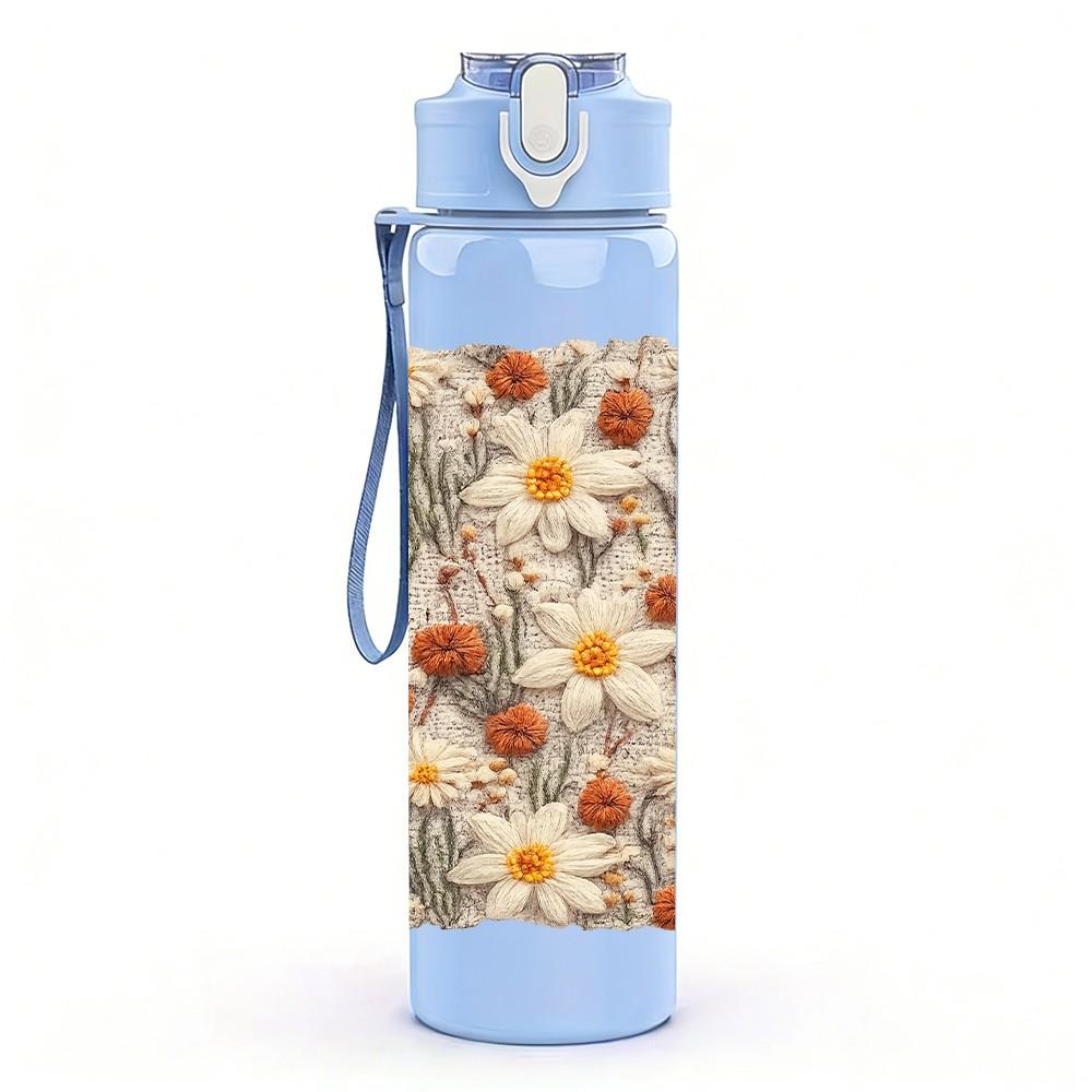 1PC Dried Daisy Beige Neutral Bouquet Print 750ml Color Plastic Sports Water Bottle Leakproof Flip Straw Lid Suitable for Sports Office Home Use