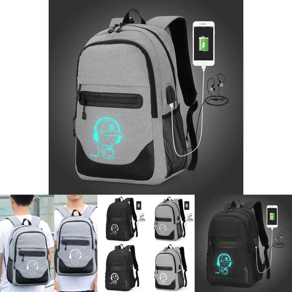 Niedlicher Cartoon-Druck Leuchtend im Dunkeln Wasserdichter Laptop-Rucksack mit USB-Ladeanschluss