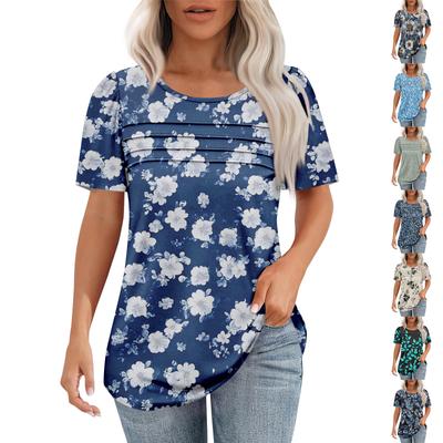 Ladies' Fashionable Printed Round Neck Pleated Short Sleeved Shirt
