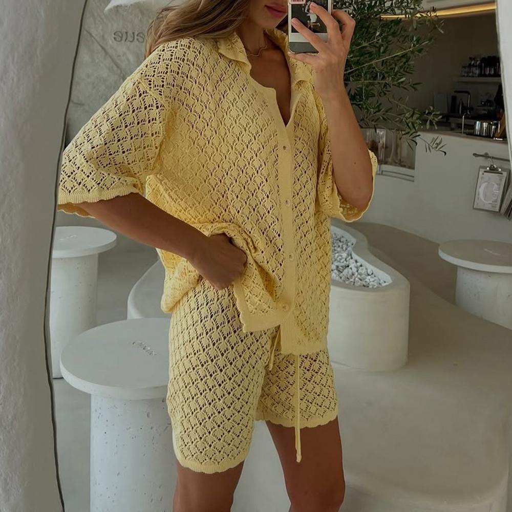 

TAOVK Вязаный Принтованный Комплект из 2 Предметов Шорты Женский Пляжный Накидка Свободная Прозрачная Одежда Летний Трикотаж Женские Наряды One Size жёлтый