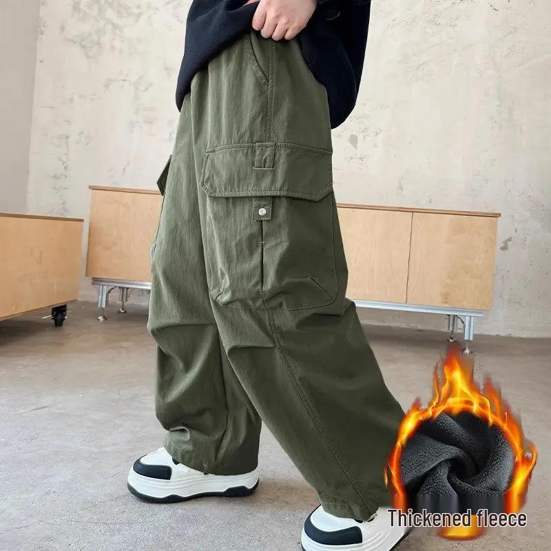Boys' Stylish Autumn/Winter 2025 Versatile Cargo Pants - Medium/Large, Loose Fit, Plus Velvet Long Trousers