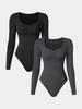 Seamless Knitted Ribbed Long Sleeve V-Neck Yoga Bodysuit Jumpsuit