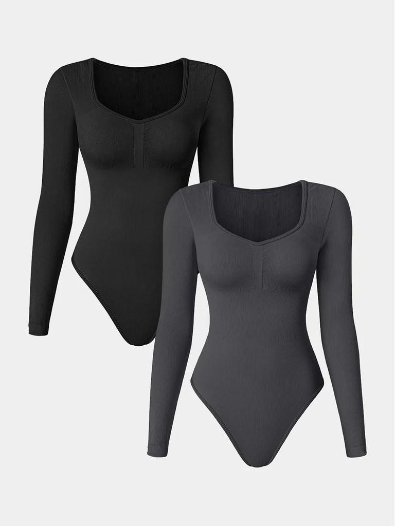 Seamless Knitted Ribbed Long Sleeve V-Neck Yoga Bodysuit Jumpsuit