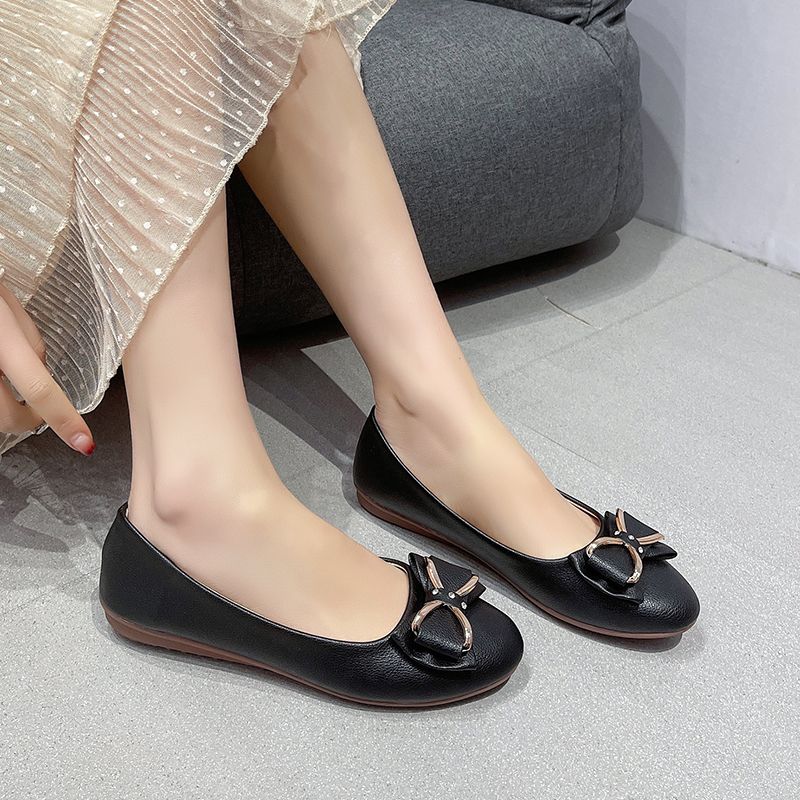 Fashion Ladies Footwear Low Heel Elegant Leather Casual Women's Flat Shoes with Bow Office Chic Point Social Cheap Clearance Comfortable