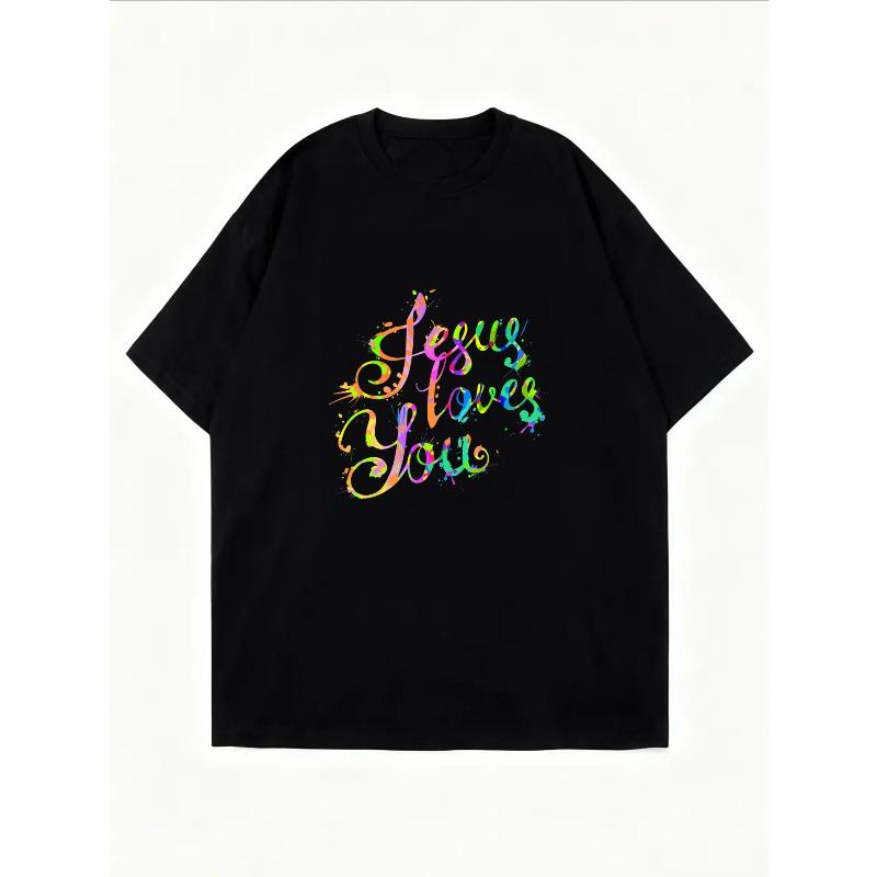 White T Shirt Jesus Loves You Rainbow Text Christian Faith Statement Casual Wear For Women Summer Outfits Church Clothing Gospel Inspired Fashion