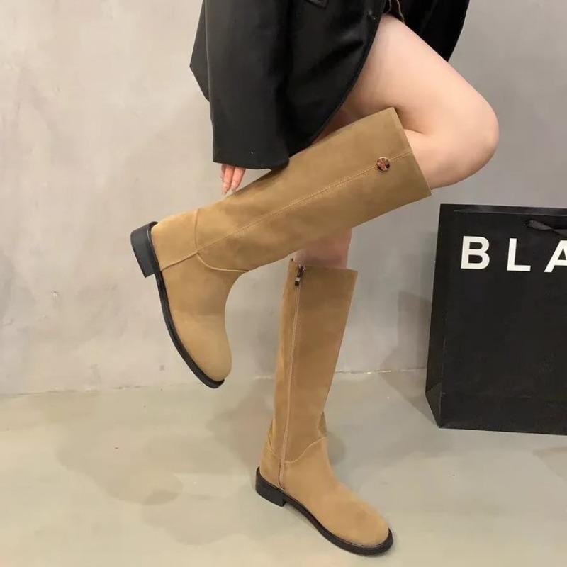 Fashion AJGS Winter Casual Women's Mid-calf Boots Slip-On Square Heel Shoes Large Size Low Heel Side Zipper Knee-High Women's Boots