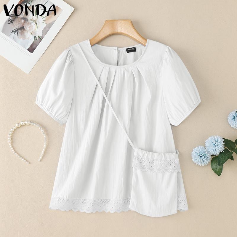 

VONDA Womens O-Neck Puff Sleeve Ruffled Lace Hem Casual Loose Tops Blouse with Bag S білий