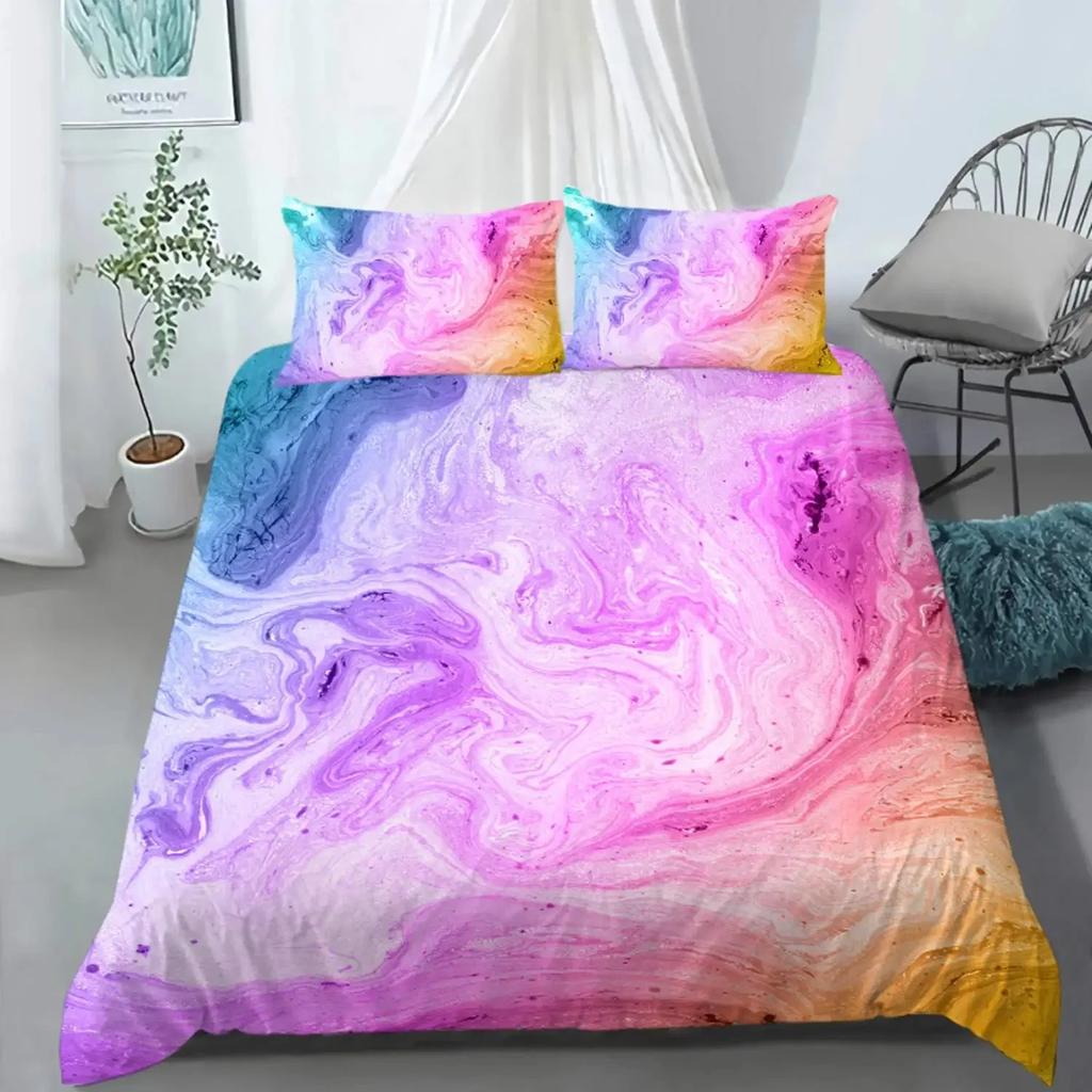 Colorful Marble Tie Dye Watercolor Pastel Abstract Girly Comfortable Duvet Quilt Cover Pillowcase Bedding Set Children Bedroom