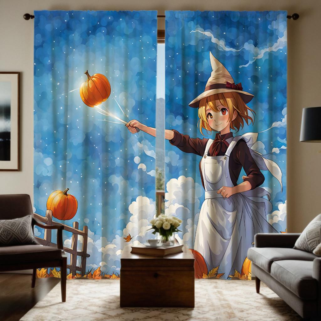 2 Stück Set HD Thanksgiving blauer Himmel unter Teen Kürbis dekorativer Vorhang Blaue Krawatte digital bedruckter Vorhang Heimdekoration Stil