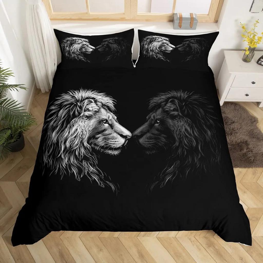 Lion Print Duvet Set Full Size Animal Flower Quilt Cover Natural Theme Bedding Three-Piece Set