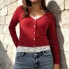 Women Tops V Neck Long Sleeve Lace Splicing Fake Two-Piece Design Blouse Slim Fit Casual Tops Work Party Date Daily Wear