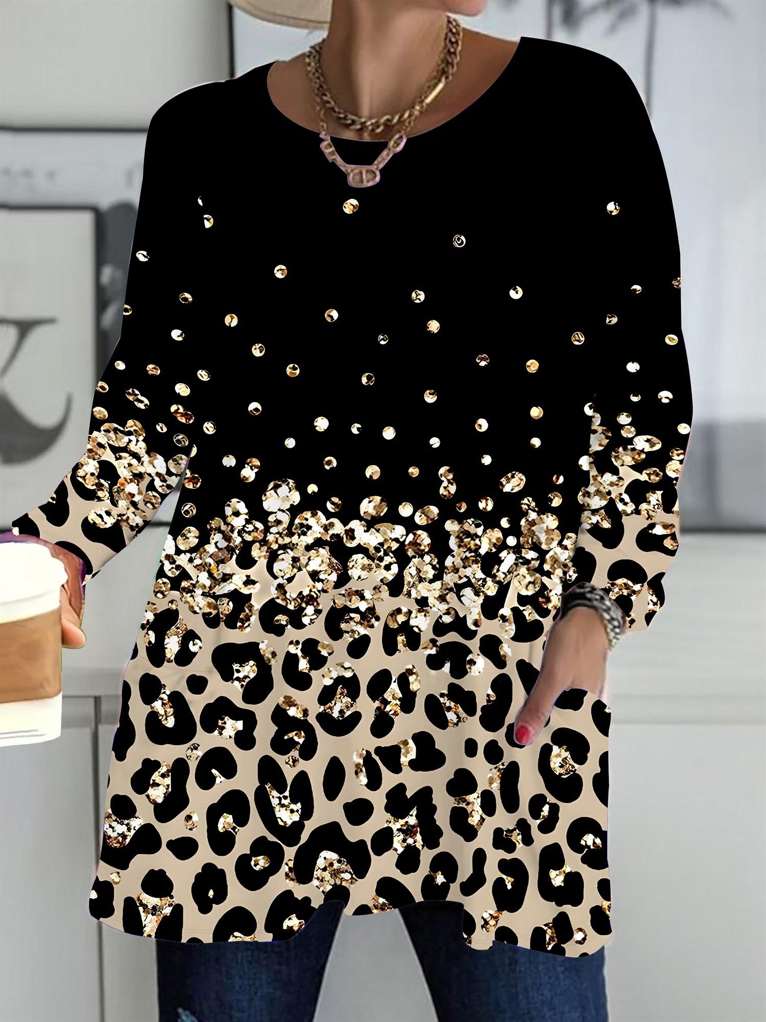 

Осень-Зима 2025 Новые Топы для Женщин Плюс Сайз, Модные Футболки с Леопардовым Принтом и 3D Принтом, с Круглым Вырезом и Длинными Рукавами 6XL коричневый