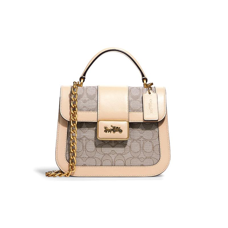

COACH handbag Alie 21 carriage buckle top handle chain presbyopia print jacquard calfskin shoulder bag crossbody bag small size women s ivory white білий