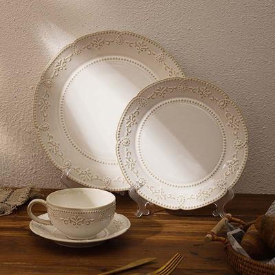 European-Style Relief Ceramic Plate, Retro Court Kiln-Changed Lace Plate, Household Western Food Plate, Breakfast Plate, Coffee Cup Set
