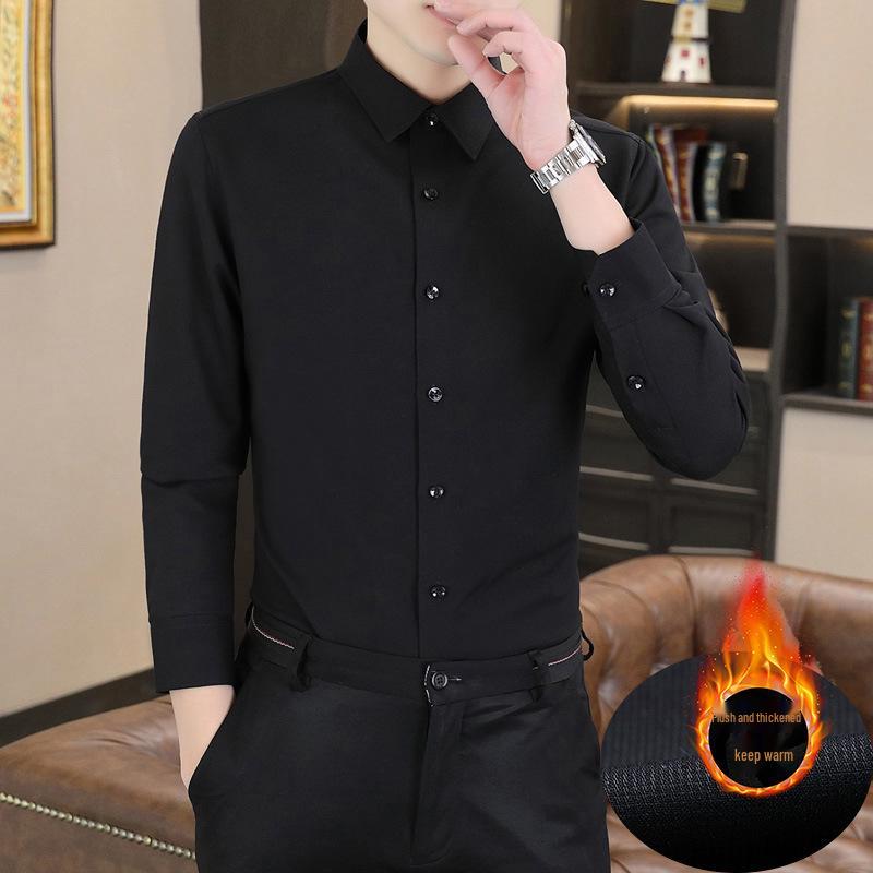 Men's Long Sleeve Thermal Fleece Shirt – Woodpecker Winter Business Casual, Stretch Solid Color, Thick and Lined.