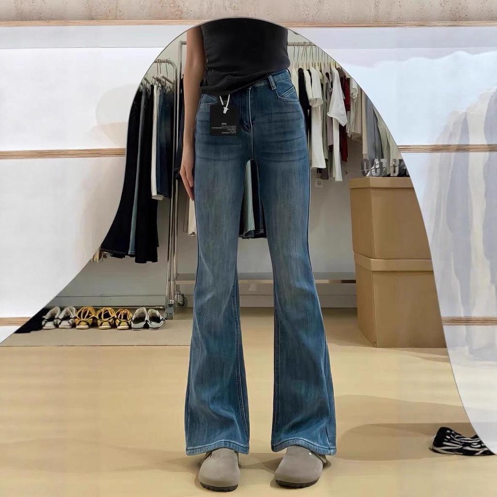 Women's High-Waist Blue Micro-Flare Elastic Jeans - Plus Velvet, Thickened, Large Size, Slim Fit, Winter Style.