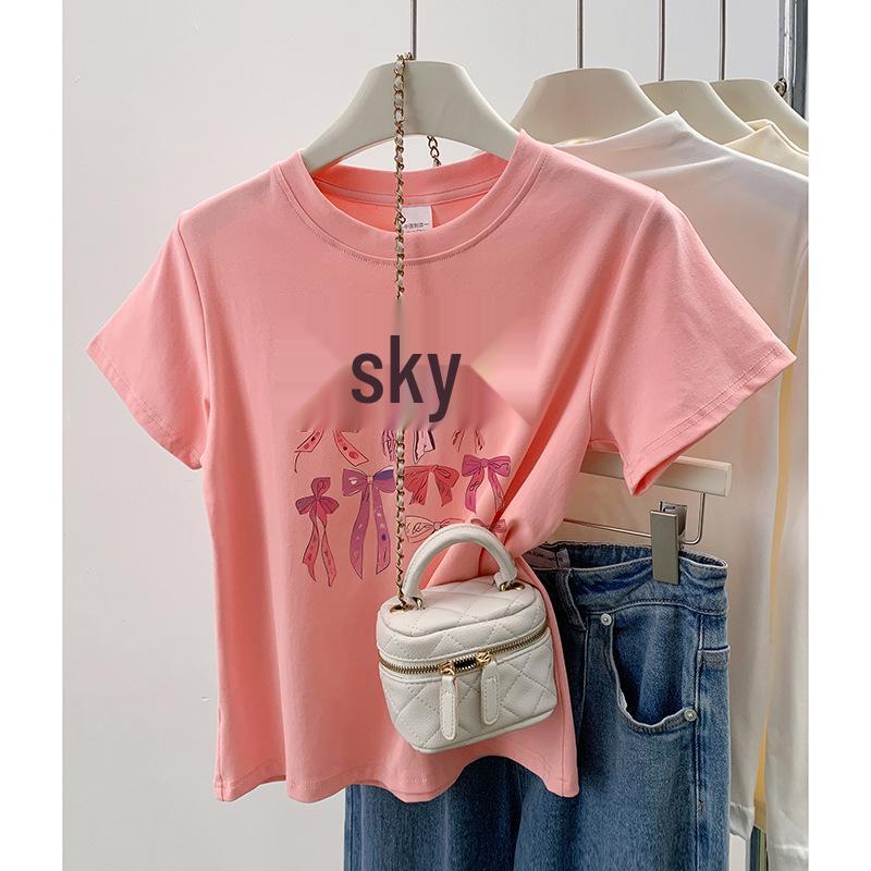 

2024 Summer Fashion Blouse: Age-Reducing Bow Print Round Neck, Slimming Straight Shoulder, Short Sleeve Women s Top L