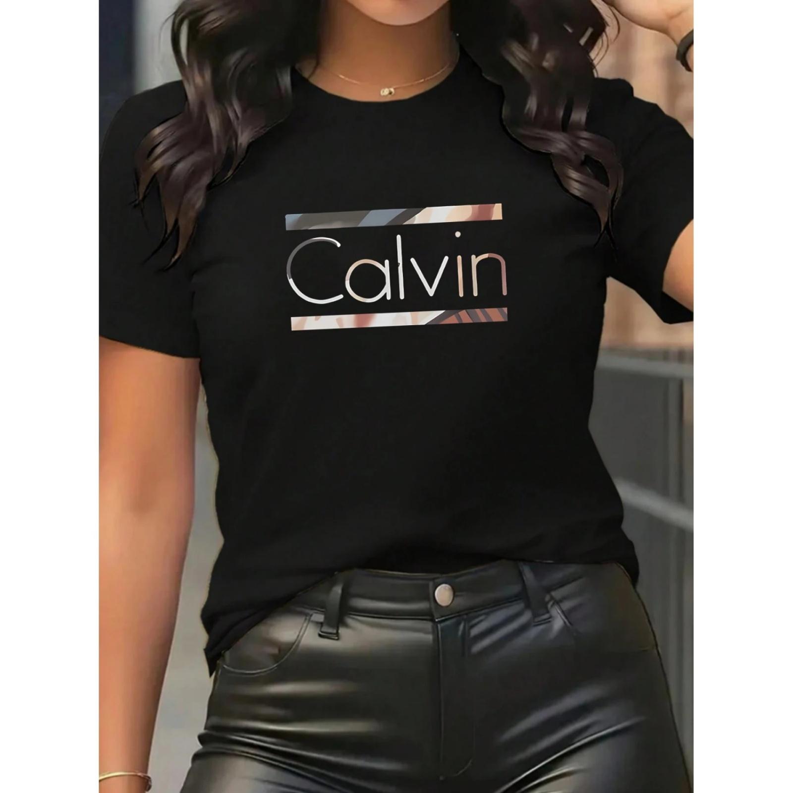 Calvi pattern round neck women T-shirt short sleeve fashion print half sleeve shirt stretch T-shirt S