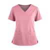 Women's Fashionable Solid Color V-neck Double Pocket Short Sleeved Shirt With Slit Hem Uniform And Worker Top