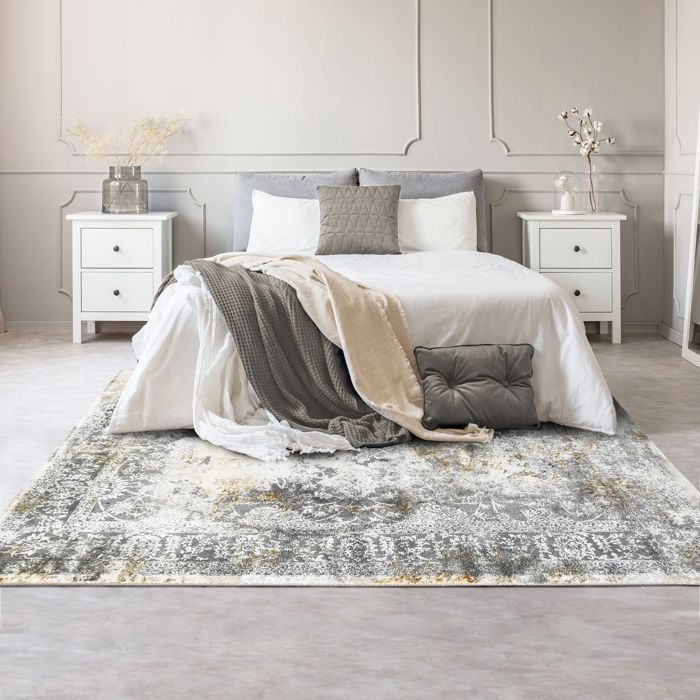 Tapis salon graphique effet usé gris or 120x170