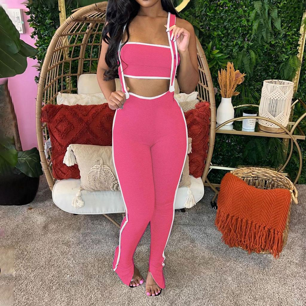 Overall Jumpsuit For Women Summer Sexy Bodycon Tube Crop And Slit Maxi Suspender Pant  Jumper Two Piece Jumpsuit