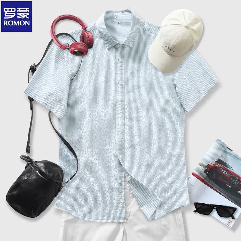 Romon Men s Summer Seersucker Short-Sleeve Shirt M