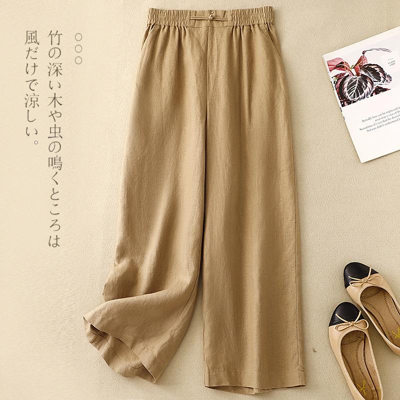 Women S High Waist Loose Fit Wide Leg Cropped Casual Pants With Chinese Knot