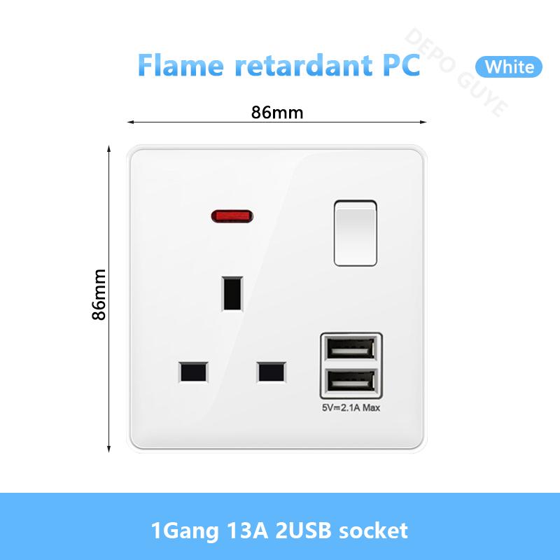 White UK Standard 13A USB Wall Socket Panel,Universal 18W Type-c Quick Charge Socket Plug,Wall Light Switch Electrical outlet