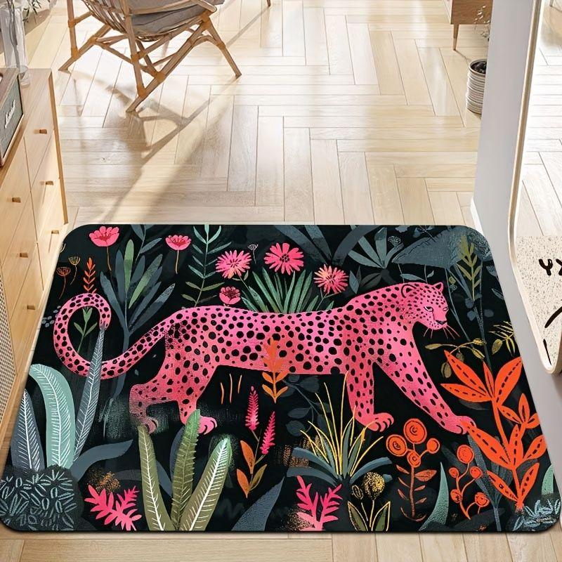VIKAMA Tropical Pink Leopard Non?Slip Floor Mat 2D Print Jungle Flower Animal Art Rug Easy Clean Entrance Bedroom Home Decor