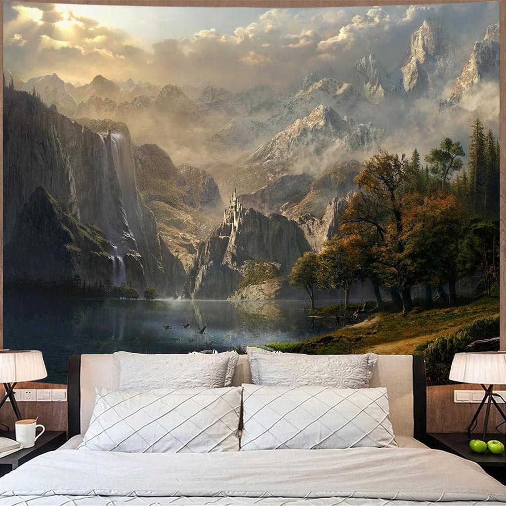 Fantasy World Tapestry Mountain Forest Lake Landscape Tapestries Wilderness Sunshine Nature Waterfall Tapestry for Bedroom