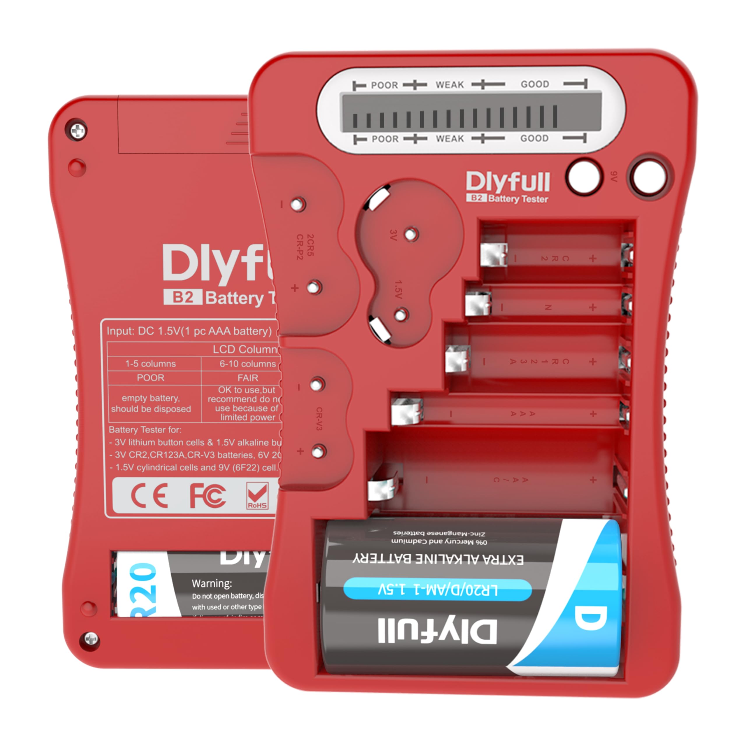 

Dlyfull Battery LCD Battery Level Compatible with and 9V button and CRP2 cylindrical Alkaline battery level checker Checker, Screen, Checker, Tester, червоний