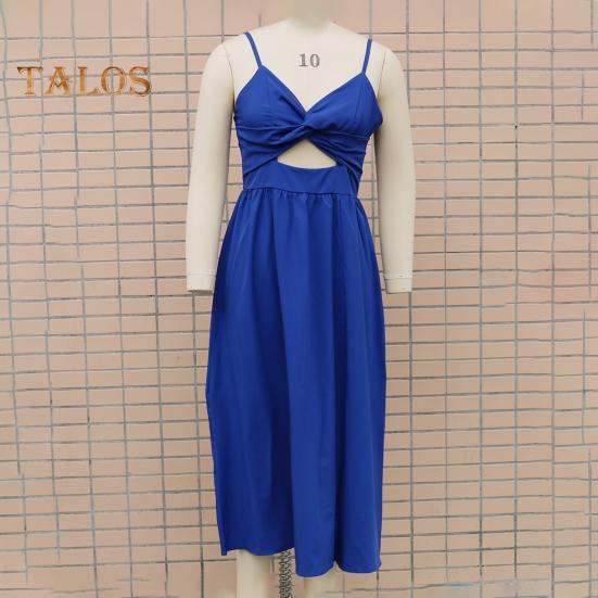 Dámské prázdninové šaty Hluboký výstřih do V Špagetová ramínka Vykrojená záda Bez rukávů Boční rozparek Plisované Jednobarevné Plážová párty Midi šaty Léto Dlouhé