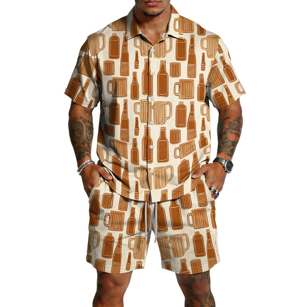 Men's Casual Short Sleeve Shirt and Shorts Set Beer Festival Print Lightweight Breathable Summer Outfit for Outdoor Activities