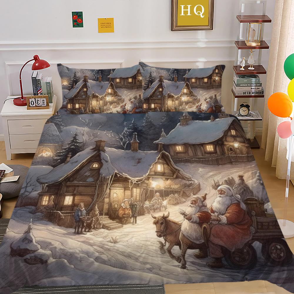Weihnachtskutsche 3D-gedruckter Polyester-Kissenbezug Bettdeckenbezug Zwei- oder Dreiteiliges Set