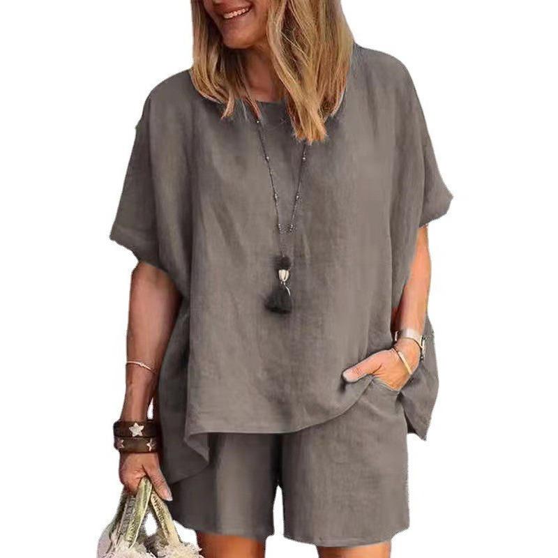 women's Solid Color Batwing Short Sleeve Loose Top High Waist Casual Shorts Summer Two Piece Outfit Set