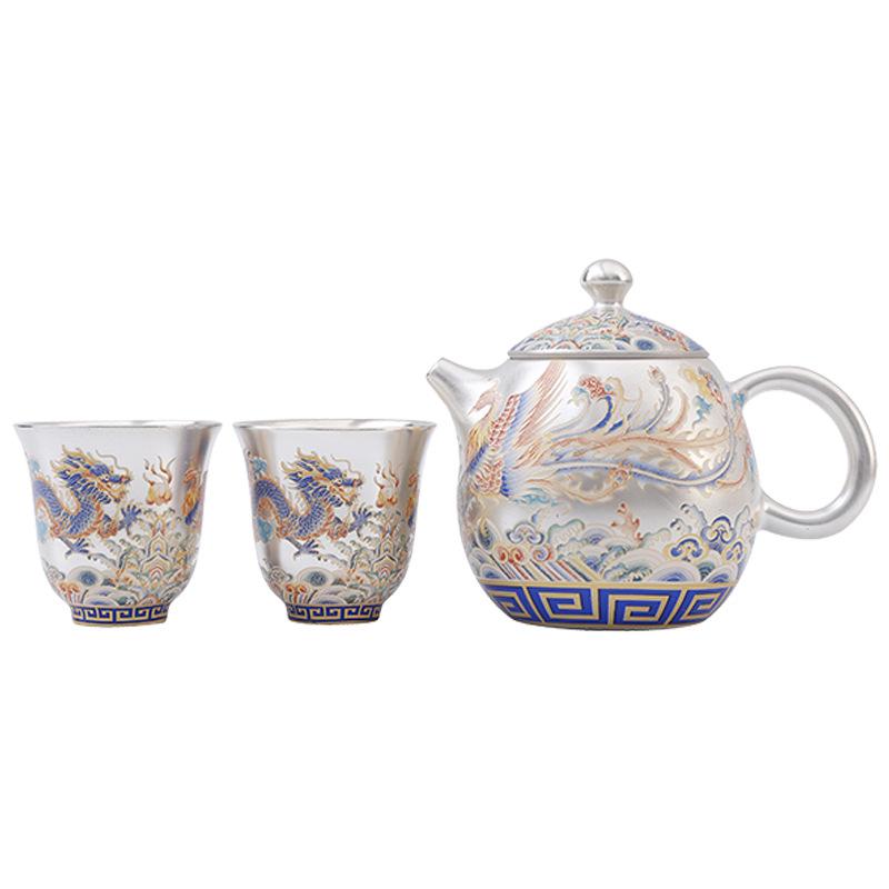 Luxury Dragon & Phoenix Silver-Plated Tea Set: One Pot, Two Cups, Dragon Egg Infuser, Gift Box Included