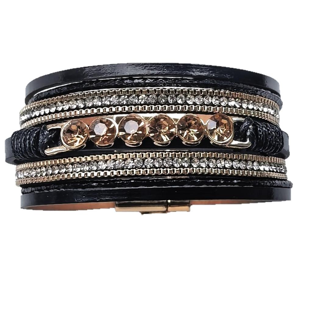 Bohemian Multilayer Geometric Leather Bracelet with Wide Edge and Magnetic Buckle - Ethnic Style Rhinestone Hand Jewelry