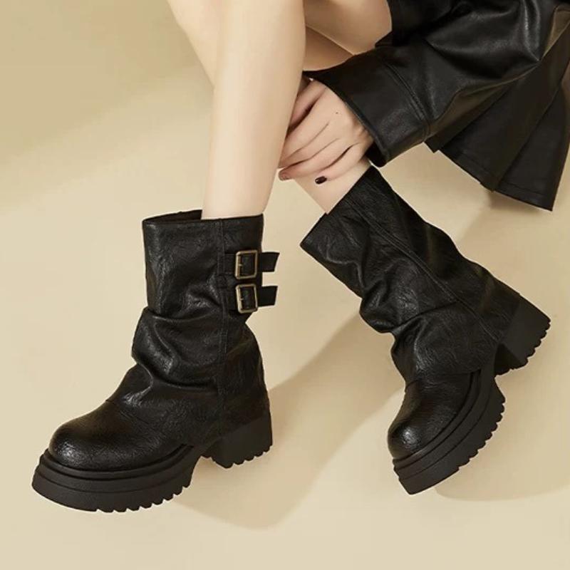 Fashion Ankle Women Boots Platform Chunky Fashion Shoes Elegant 2025 Winter New Pleated Chelsea Leather Shoes Woman Party Pumps Botas
