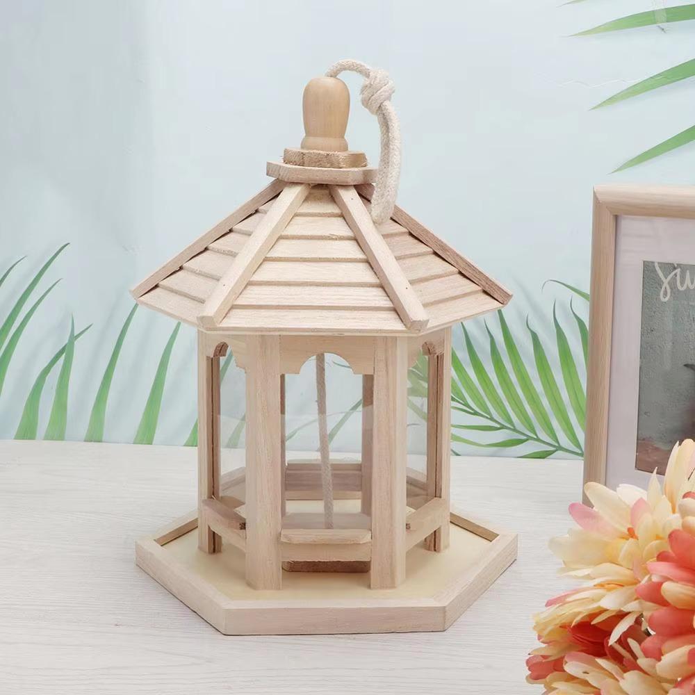 Durable House Shape Bird Feeder House Hanging Wooden Pet Feeder Box Bird Food Dispenser Balcony