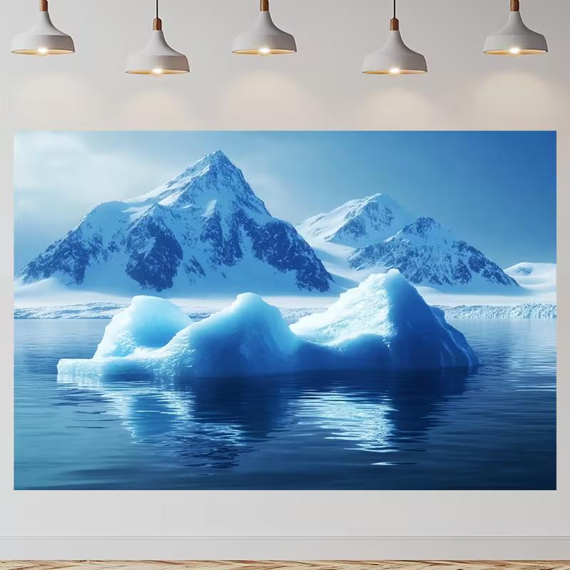 2D Cold Arctic Tapestry, Iceberg Floating on Blue Ocean Background Cloth