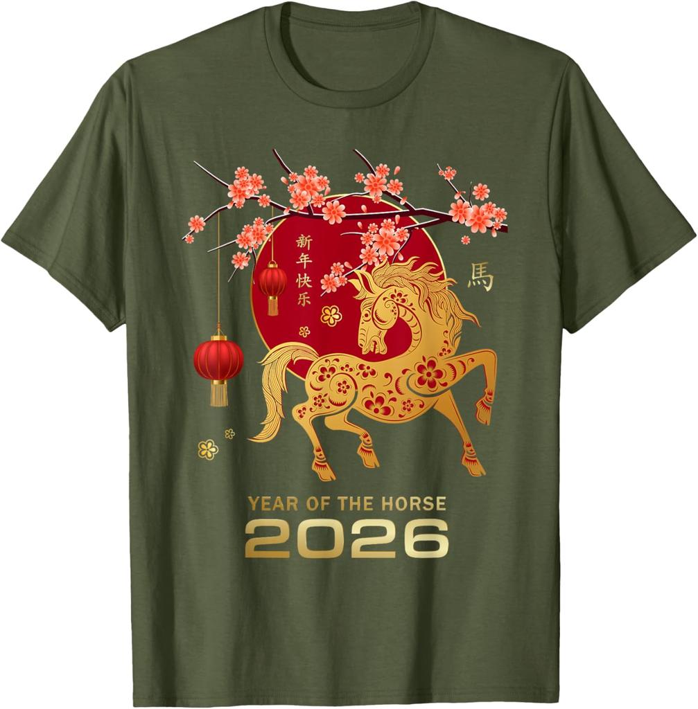 Year of The Horse 2026 Shirt Fiery Horse New Year Christmas Tees Fashion Chinese Zodiac TShirt Unisex 100 Cotton